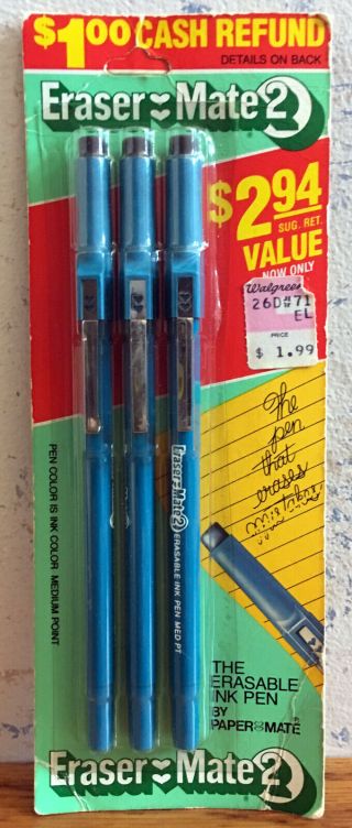 Vintage 1981 Gillette Eraser Mate 2 Erasable Ink Pens Blue Med Point 3 Pack