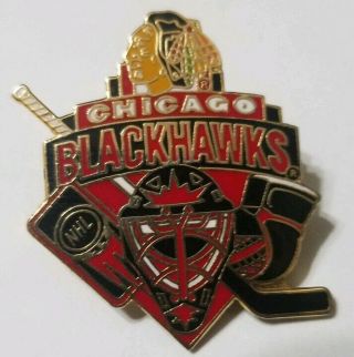 Vintage Nhl Chicago Blackhawks Lapel Pin,  W/ Stick & Goalie Mask