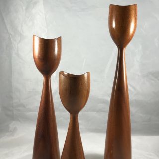Set Of 3 Vintage Danish Teak Wood Candle Holders Mcm Tulip Candle Sticks