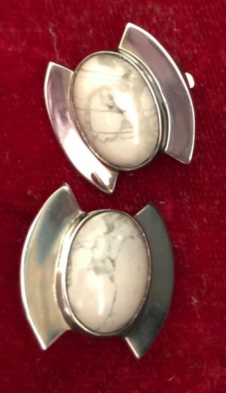 Vintage Sterling Silver White Buffalo Turquoise Clip Back Earrings 20.  3 G