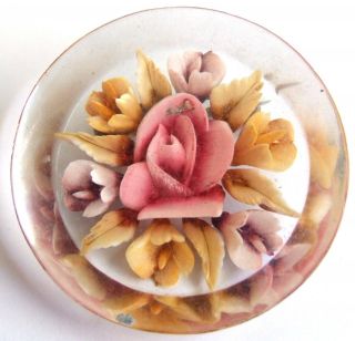 Vintage 1950s Pink Yellow Floral Reverse Carved Lucite Brooch