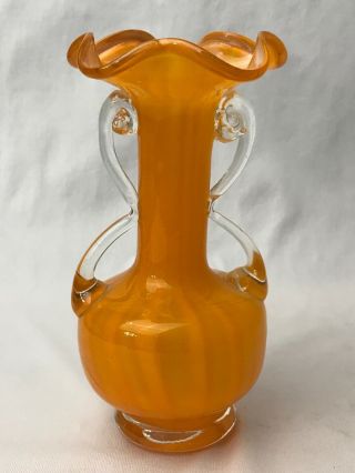 Vintage Orange & White Swirled Blown Art Glass Double Handled Vase 6”h Pontil