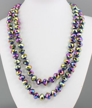 Vintage 70’s Long Multi Color Aurora Borealis Ab Crystal Glass Bead Necklace