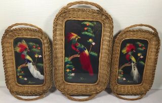 Vintage Folk Art Feather Bird Picture Wicker Serving Trays Set Of 3 Made Mexico