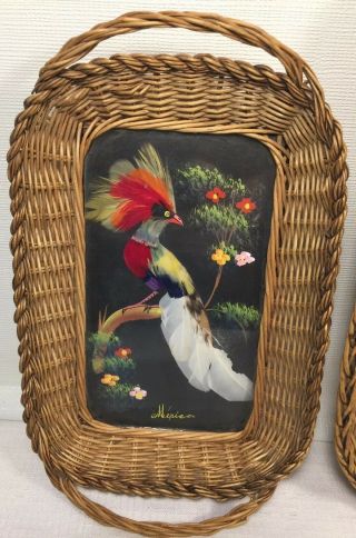 Vintage Folk Art Feather Bird Picture Wicker Serving Trays Set Of 3 Made Mexico 3