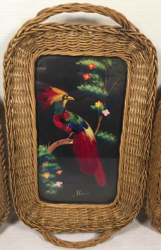 Vintage Folk Art Feather Bird Picture Wicker Serving Trays Set Of 3 Made Mexico 5