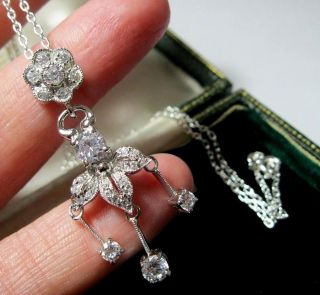Vintage Edwardian Style Sterling Silver Cz Crystal Flower Pendant Chain Necklace