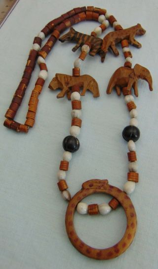 Vtg African Wooden Necklace Pendant Hand Carved Wood Beaded Animals Safari