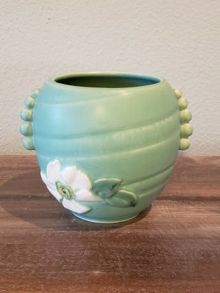 Vintage Weller Art Pottery Vase Matte Green Glaze White Dogwood Flower 1940s Era