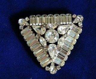 Vintage Signed Weiss Brooch Pin Clear Faceted Rhinestones.  2 " Triangle