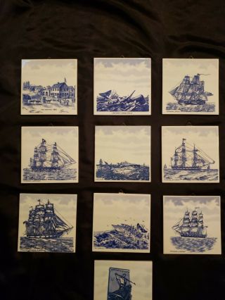 Vintage Delft Blue 6 " Tiles.  Bedford Whaling Scenes.  Hand Painted.  Qty 10