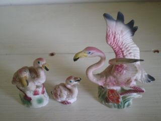 Vintage Miniature Flamingo Bird Family 4 Figurines,  Bone China Japan Napco