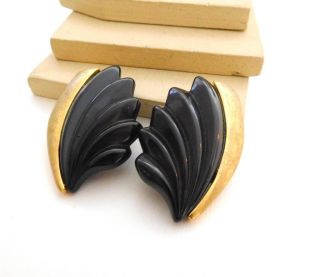 Vintage Chunky Art Deco Style Black Gold Fan Ear Climber Clip On Earrings J7