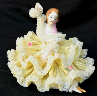 Yellow Vintage Dresden Lace 4 " German Made Porcelain Dancer Figurine - Numbered