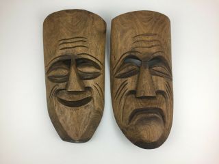 Vintage Hand Carved Wood Comedy Tragedy Drama Tiki Theater Masks Wall Hangings