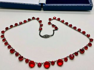 Vintage Jewellery Art Deco Bezel Set Red Crystal Necklace