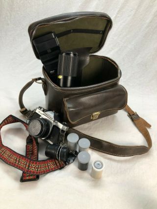 Vintage Pentax K1000 35mm Camera Bundle.  Macro Lense,  Flash,  And More