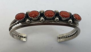 Vintage Native American Red Coral & Sterling Silver Cuff Bracelet Nr