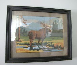 Vintage Mid Century Oil Paint By Number Painting Cabin Moose Deer Camping Theme