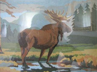 Vintage Mid Century Oil Paint by Number Painting Cabin Moose Deer Camping Theme 2