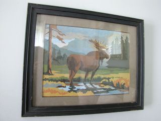 Vintage Mid Century Oil Paint by Number Painting Cabin Moose Deer Camping Theme 4