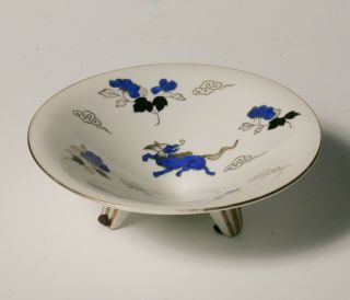 Unique Vintage Art Deco Noritake 3 - Legged Bowl - Cream With Whimsical Blue Lion