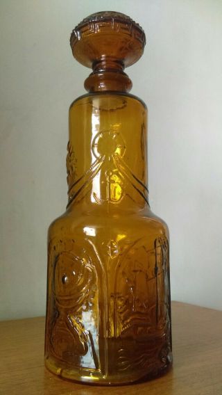 Italian Empoli Decorative Amber Glass Decanter Genie Bottle Vintage 1960s 70 