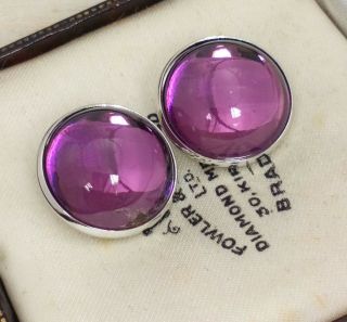 Vintage - Stunning Amethyst Purple Glass Cab - Silver Clip On Earrings 2cm Wide