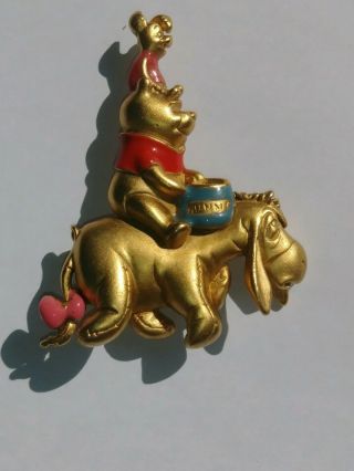 Vintage Disney Gold Tone & Enamel Winnie The Pooh Eeyore And Piglet Pin Brooch
