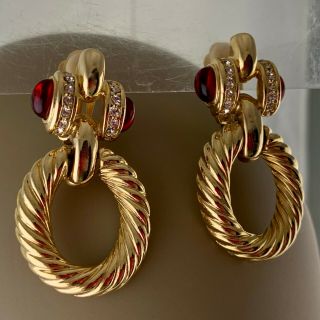 Vintage Gold Plated Red Lucite Cabochon Loop Dangle Clip Earrings Art Deco Style