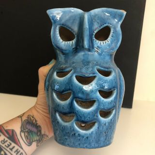 Vintage BRUSH McCOY Art Pottery PATIO LANTERN OWL Hanging Blue Light 10 