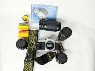 Canon Av - 1 35mm Slr Film Camera Bundle Fd 50mm F/1.  8 Lens Manuals 75 - 200mm Zoom
