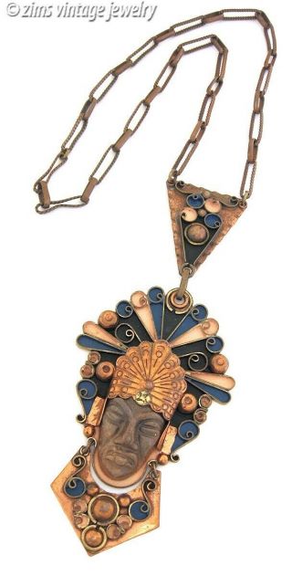 Vintage Old Mexican Copper Gold Aztec Mayan Mask Ceramic Enamel Pendant Necklace