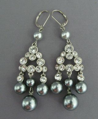 Vintage Givenchy Silver Tone Black Pearl Bead Dangle Rhinestone Pierced Earrings