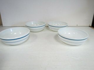 Set Of 4 Vintage Pyrex Tableware 705 Milk Glass Bowls Blue Stripes 5143c