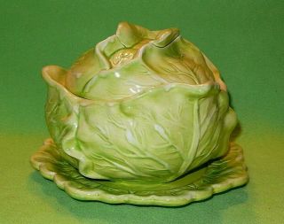 Vintage Cabbage Shaped Covered Serving Bowl With Under Plate.  Whitewash Greens.