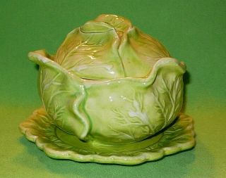 Vintage CABBAGE shaped covered serving bowl with under plate.  Whitewash greens. 2
