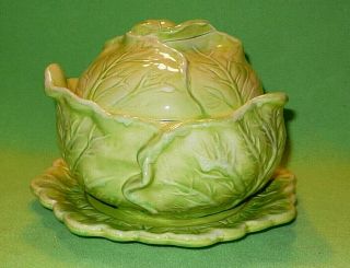 Vintage CABBAGE shaped covered serving bowl with under plate.  Whitewash greens. 3