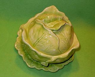 Vintage CABBAGE shaped covered serving bowl with under plate.  Whitewash greens. 4