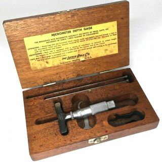 Vintage Lufkin 212 Micrometer Depth Gauge Wood Case Complete Gage Set