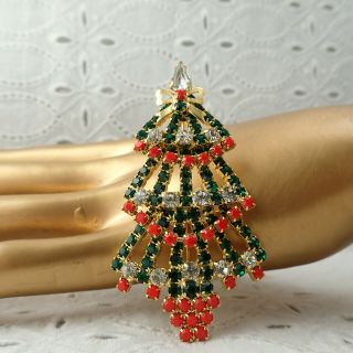 Vintage Gold Tone Layered Rhinestone Christmas Tree Dangling Garland Pin Brooch