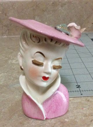 Vintage Lady Head Vase Mini Dressed In Pink With Gold Accents