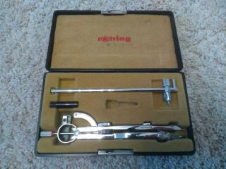 Vintage Rotring Compass Including Extension Rod.  Hard Black Case.  Germany.