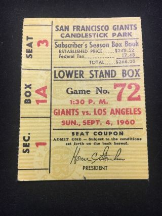 Vintage Sept 4 1960 San Francisco Giants Ticket Stub Dodgers Alou Hr