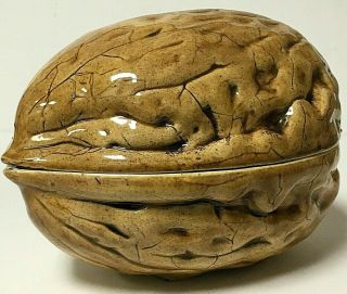 Vintage Hand Painted Glazed Ceramic Walnut Lidded Covered Nut Candy Dish