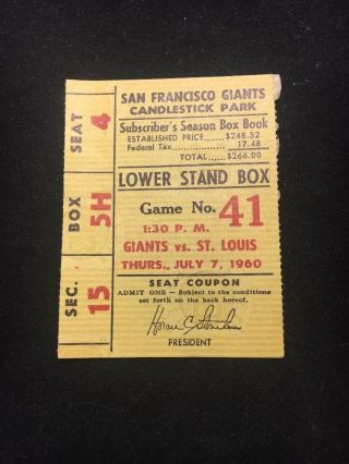 Vintage July 7 1960 San Francisco Giants Ticket Stub Cepeda Hr Cardinals