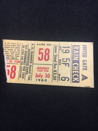 Vintage July 30 1960 San Francisco Giants Ticket Stub Giants 2 Reds 1