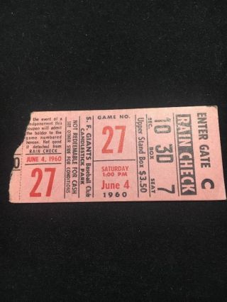 Vintage June 4 1960 San Francisco Giants Ticket Over Cards 2 - 0 Sanford 3 Hitter