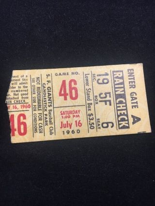 Vintage July 16 1960 San Francisco Giants Ticket Stub Dodgers