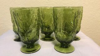 8 Vintage Morgantown Seneca Driftwood Green Glass Crinkle Water Goblets
